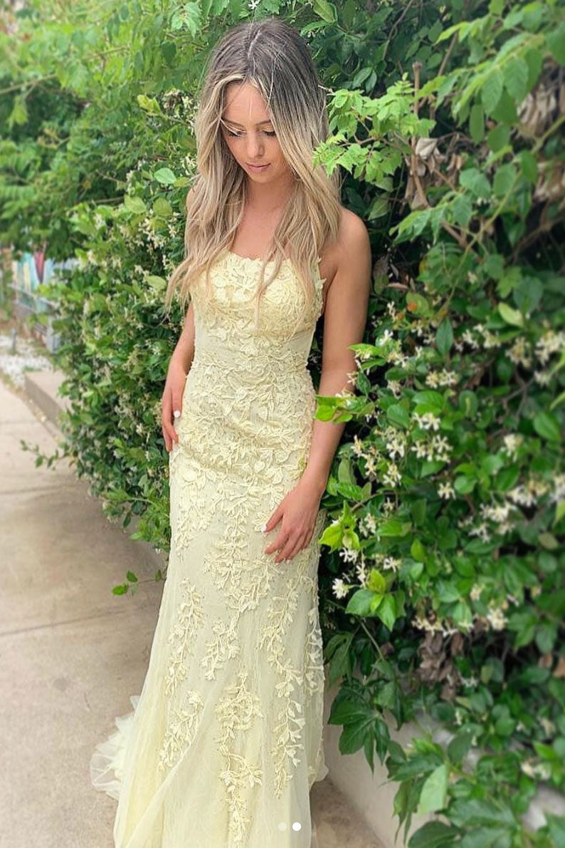 Yellow tulle lace backless long evening dress, yellow prom dress