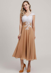 Chiffon Mother of the Bride Dress A-linePrincess V Neck Short Sleeve Tea-Length With Lace Short