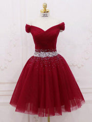 Burgundy tulle sequin short prom dress, burgundy homecoming dress