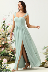 Dusty Sage A-line thin shoulder strap ruffled chiffon bridesmaid dress
