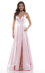 A-line V-neck sleeveless tight corset with side slits and floor length evening gown