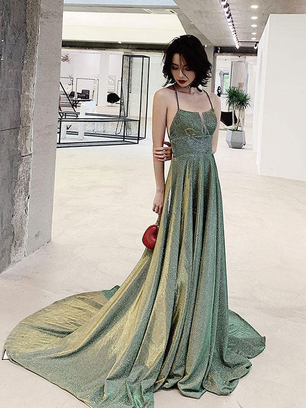 Unique backless long prom dress, green evening dress