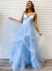 Sleeveless A-Line Pink Tulle V-neck Long Prom Dress