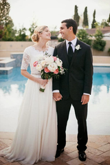 A-line Through Backless 3/4 Sleeve See Lace Chiffon Wedding Dresses