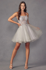 Embroidered applique short sleeveless tight corset dress