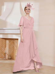 V-neck ruffle sleeves asymmetrical mother of the bride dress