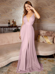 A-Line Sleeveless Floor-Length Tulle formal dresses evening gown Split Front Bridesmaid Dresses
