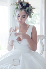 A Line V Neckline Pleated Waistband Simple Satin Wedding Bridal Dress Wedding Dresses
