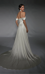 Perfect satin off shoulder straight tube backless slit trailing skirt wedding dress