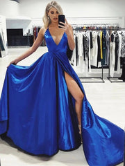 Long A Line V Neck Royal Blue Satin Prom Dresses with Split