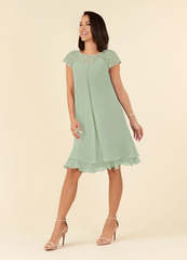 Elegant Crew Neck Chiffon Tea Length Dusty Sage formal dresses evening dress Mother of the Bride Dresses