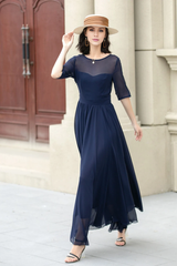 Jimiss Ship Neck Short Sleeve Chiffon Horn Long Prom Dress