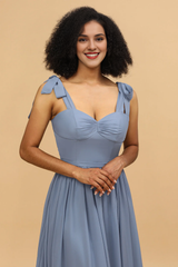 Grey blue A-line floor mopping chiffon slit bridesmaid dress