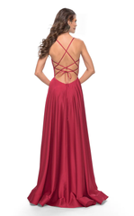 A-line with deep V-neckline backless satin thin shoulder side slit and floor length evening dress