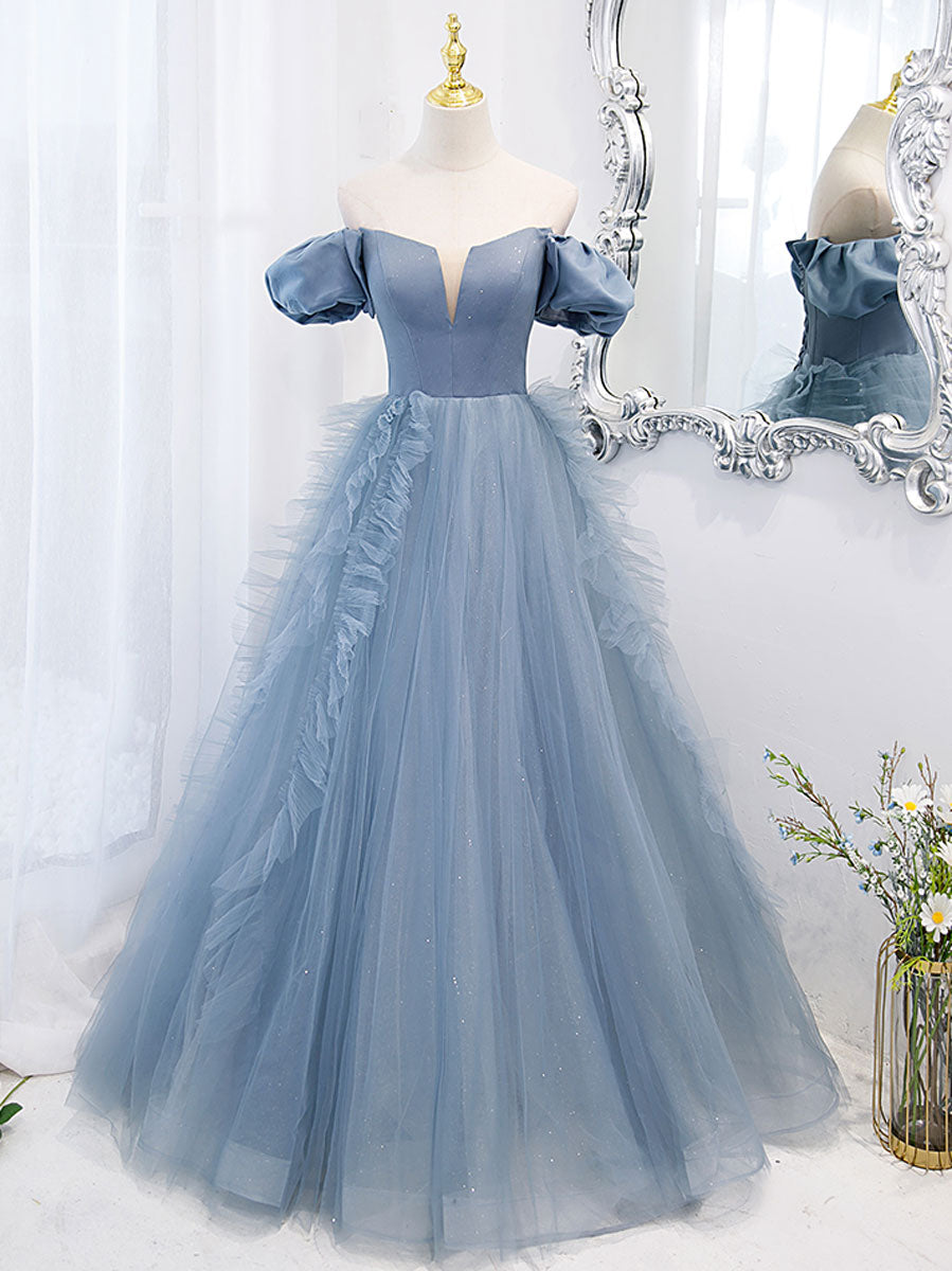 Blue tulle off shoulder long prom dress, blue tulle formal dress