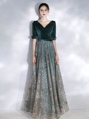 Green v neck tulle lace long prom dress, green evening dress