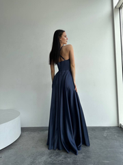 Jimiss satin thin shoulder strap with side slit and floor length evening dress