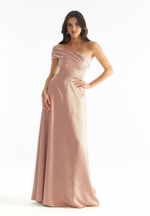 A-line single shoulder collar satin tight corset and floor length dress