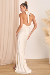 Ivory Satin Halter Mermaid Maxi Dress Backless Wedding Dresses With Slit