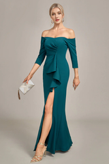Fishtail pattern dark green off shoulder layered ruffle edge bridal mother dress