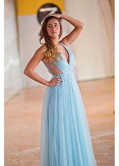 Sequin Tulle V-neck Beadings Floor-length A-line Prom Dress