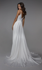 Perfect satin deep V-neck V-shaped back satin button wedding dresses