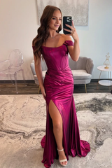 Jimiss minimalist slim fit off shoulder sleeveless pleated high side slit evening gown
