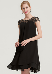 A-linePrincess Bateau Short Sleeve Knee-Length Chiffon Mother of the Bride Dress With Beading Ruffles Short