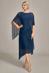 Navy Blue A-line Low Round Neck Chiffon Bridal Mother Dress