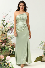 Sage A Line One Shoulder Bright Satin Split Bridesmaid Dress