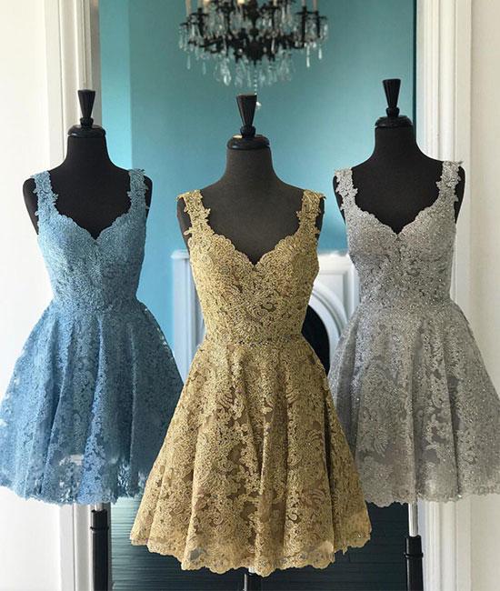 Gold Lace V Neck Knee Length Prom Homecoming Dress