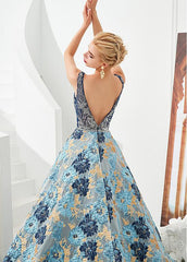 Tulle V-neck A-line Floral Formal & Evening Dress with Beading