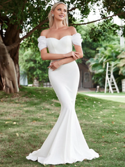 Mermaid off shoulder satin backless and floor length wedding dress