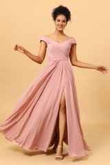 Grey rose pleated long slit chiffon bridesmaid dress