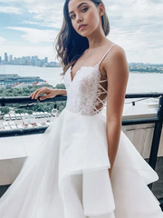 A-line V Neck White Lace Prom Dresses Wedding Dresses Bridal Dresses