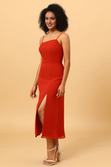 Red earth thin shoulder strap medium length chiffon slit bridesmaid dress