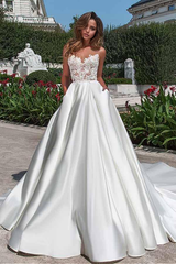 A-line Satin Neckline Wedding Dress With Pockets Lace Appliques