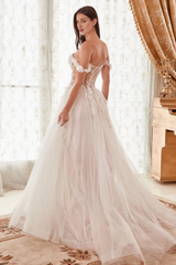 Embroidered 3D flower decal long off shoulder tight corset wedding dress