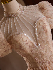 A-line Champagne Pink Tulle Lace Tea Length Prom Dress with Beads