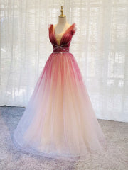 Burgundy v neck tulle sequin long prom dress burgundy formal dress