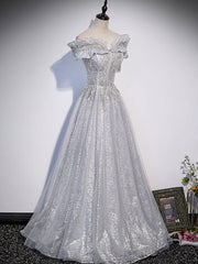 Gray tulle lace sequin long prom dress, gray tulle formal dress
