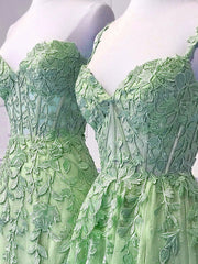 A-Line Tulle Lace Green Long Prom Dress, Green Lace Long Graduation Dress