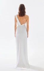 V-neck asymmetrical shoulder strap wrap and floor length evening dress