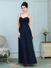 Tulle Spaghetti Straps Navy Blue Prom Dress with Appliques