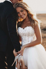 A-Line Sweetheart Court Train Tulle Wedding Dress with Appliques