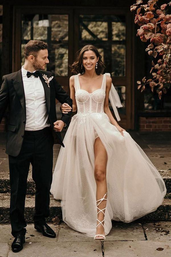 A-Line Sleeveless Sweep Train Ivory Wedding Dress With Sequins