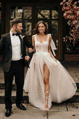A-Line Sleeveless Sweep Train Ivory Wedding Dress With Sequins