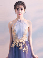 Unique lace applique tulle long prom dress, tulle evening dress
