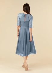 A-Line Lace Tea Length Dusty Blue formal dresses evening dress Mother of the Bride Dresses