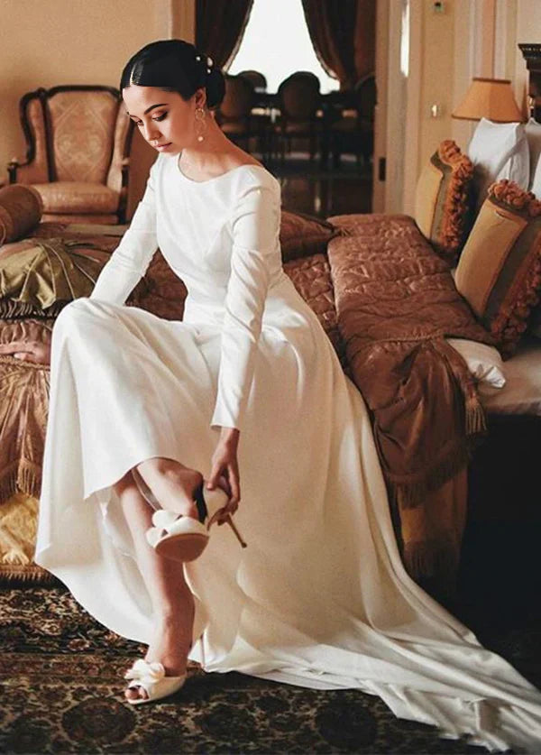 A-Line Bateau Neckline Long Sleeves Vintage Satin Bridal Gown Wedding Dresses